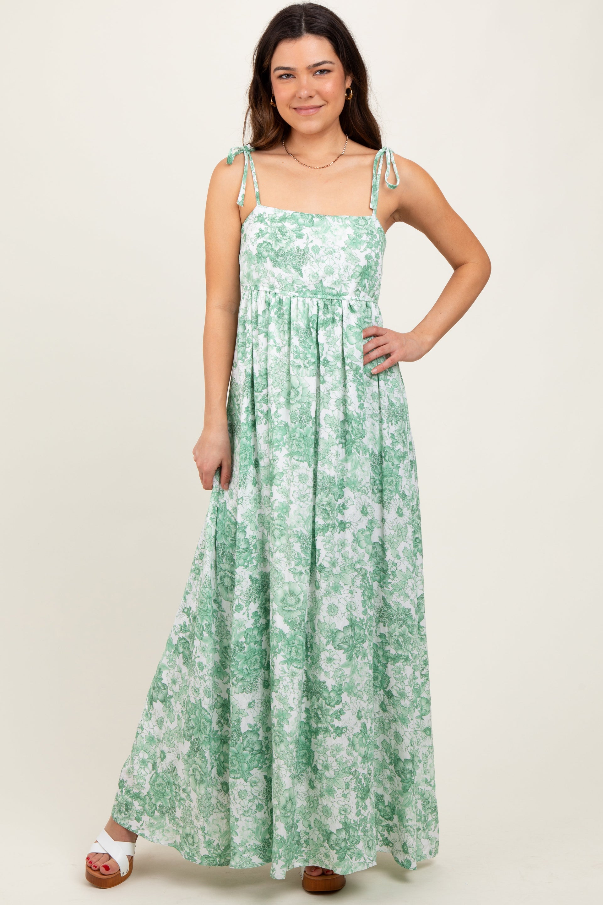 PinkBlush Women's Sage Leaf Print Sleeveless Open Back Smocked Maternity Maxi Dress