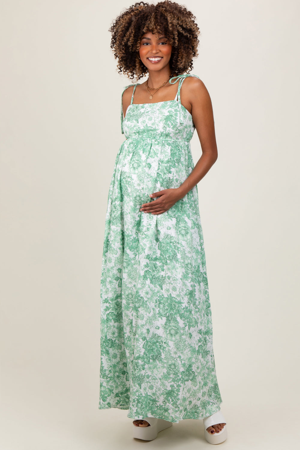 PinkBlush Women's Sage Leaf Print Sleeveless Open Back Smocked Maternity Maxi Dress