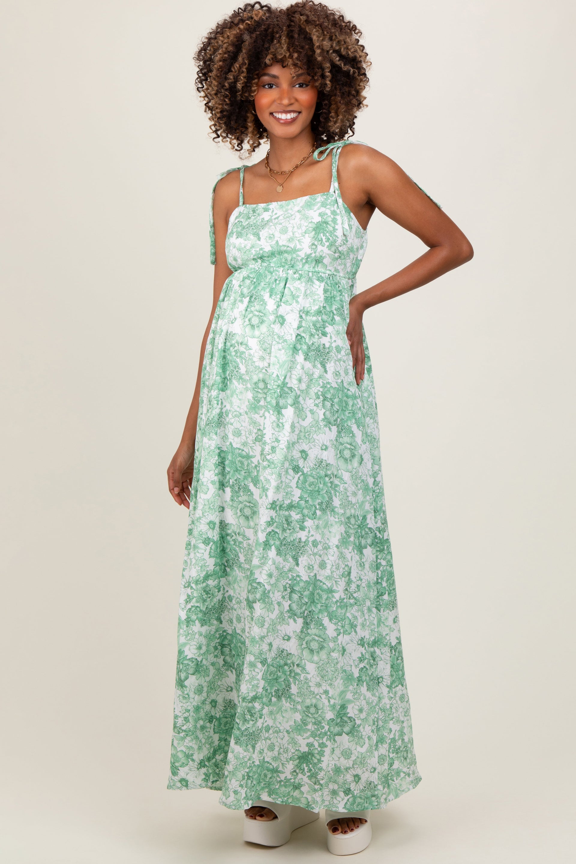 PinkBlush Women's Sage Leaf Print Sleeveless Open Back Smocked Maternity Maxi Dress