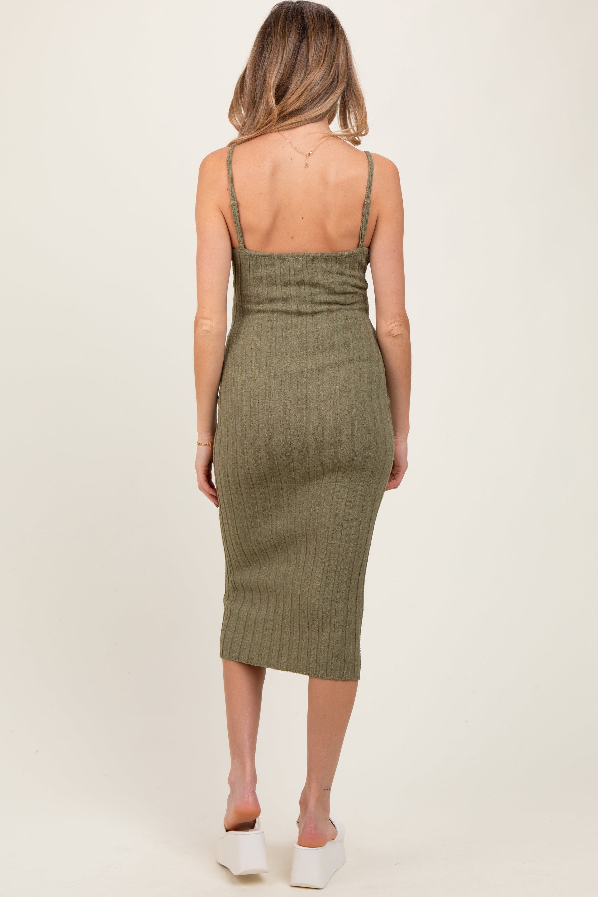 PinkBlush Women's Olive Sleeveless Button Accent Knit Maternity Midi Dress