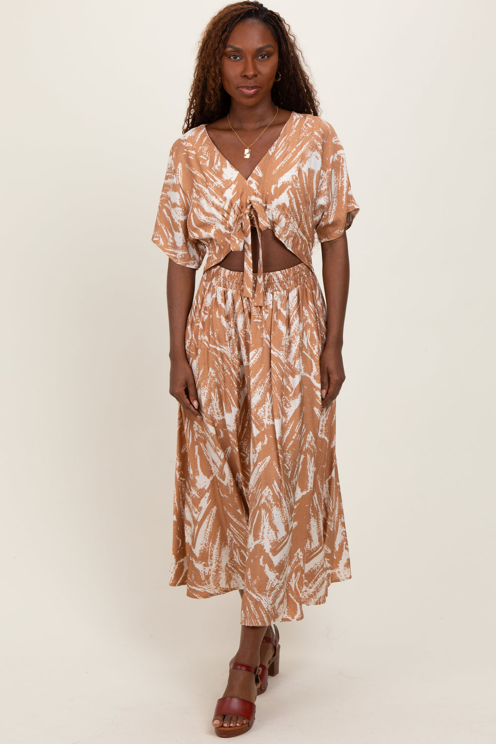 Camel Brushstroke Print Cutout Midi Dress