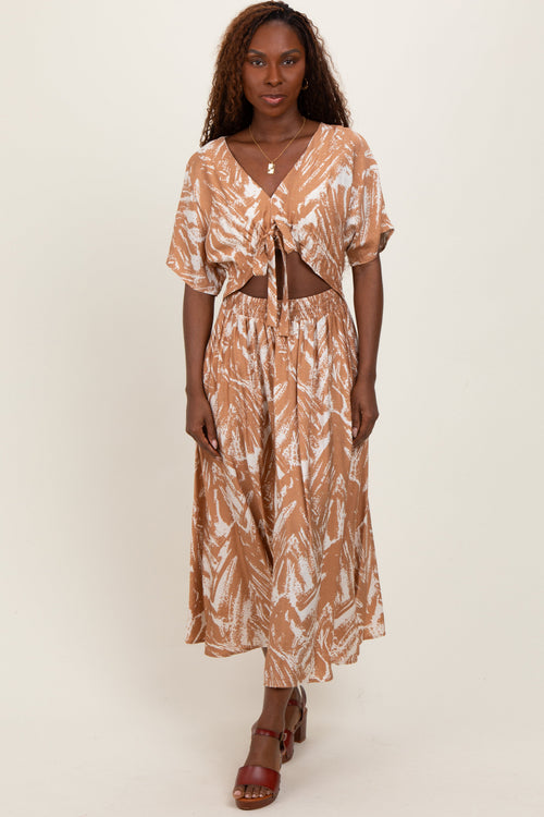 Camel Brushstroke Print Cutout Midi Dress