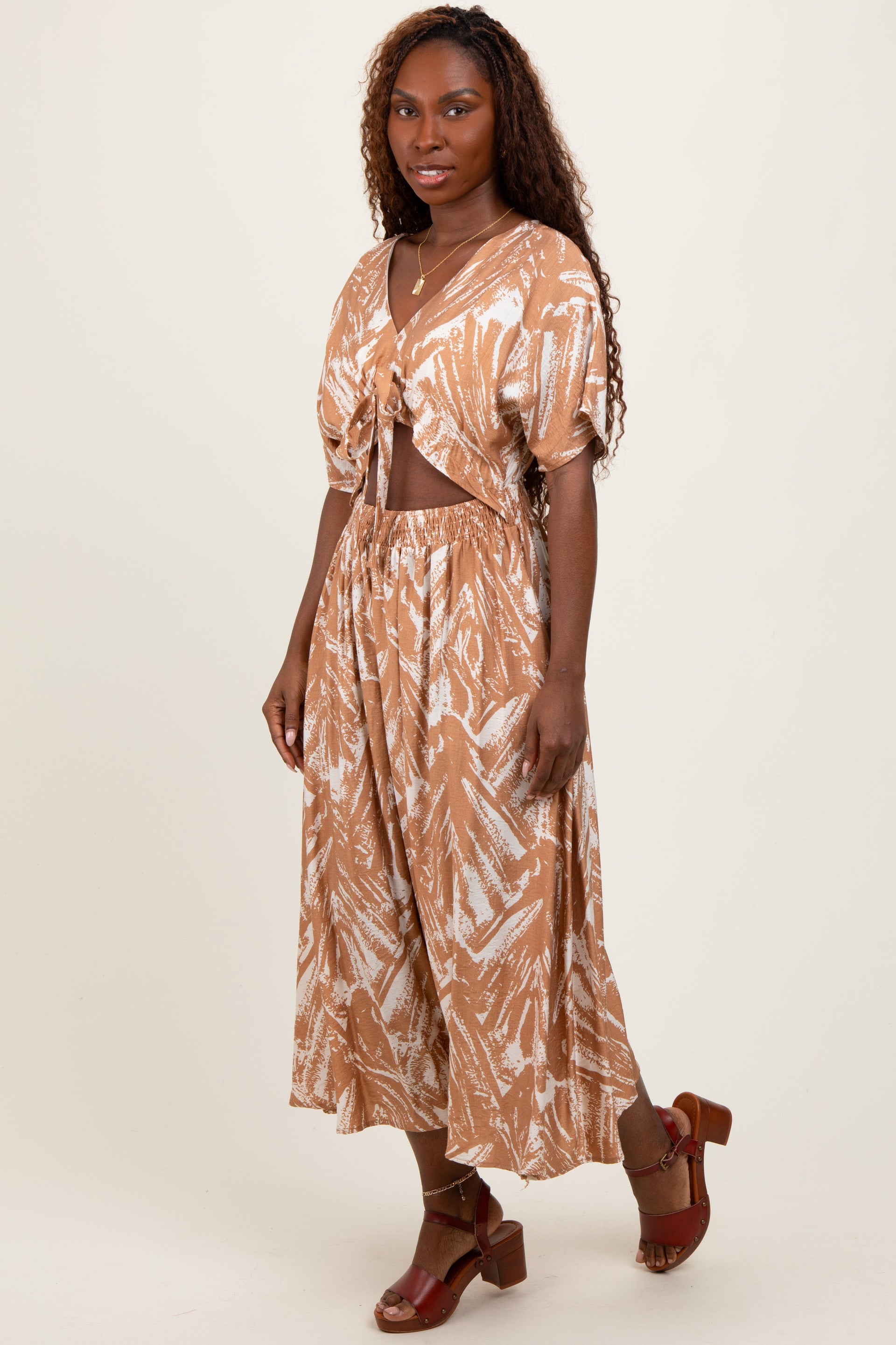 Camel Brushstroke Print Cutout Midi Dress