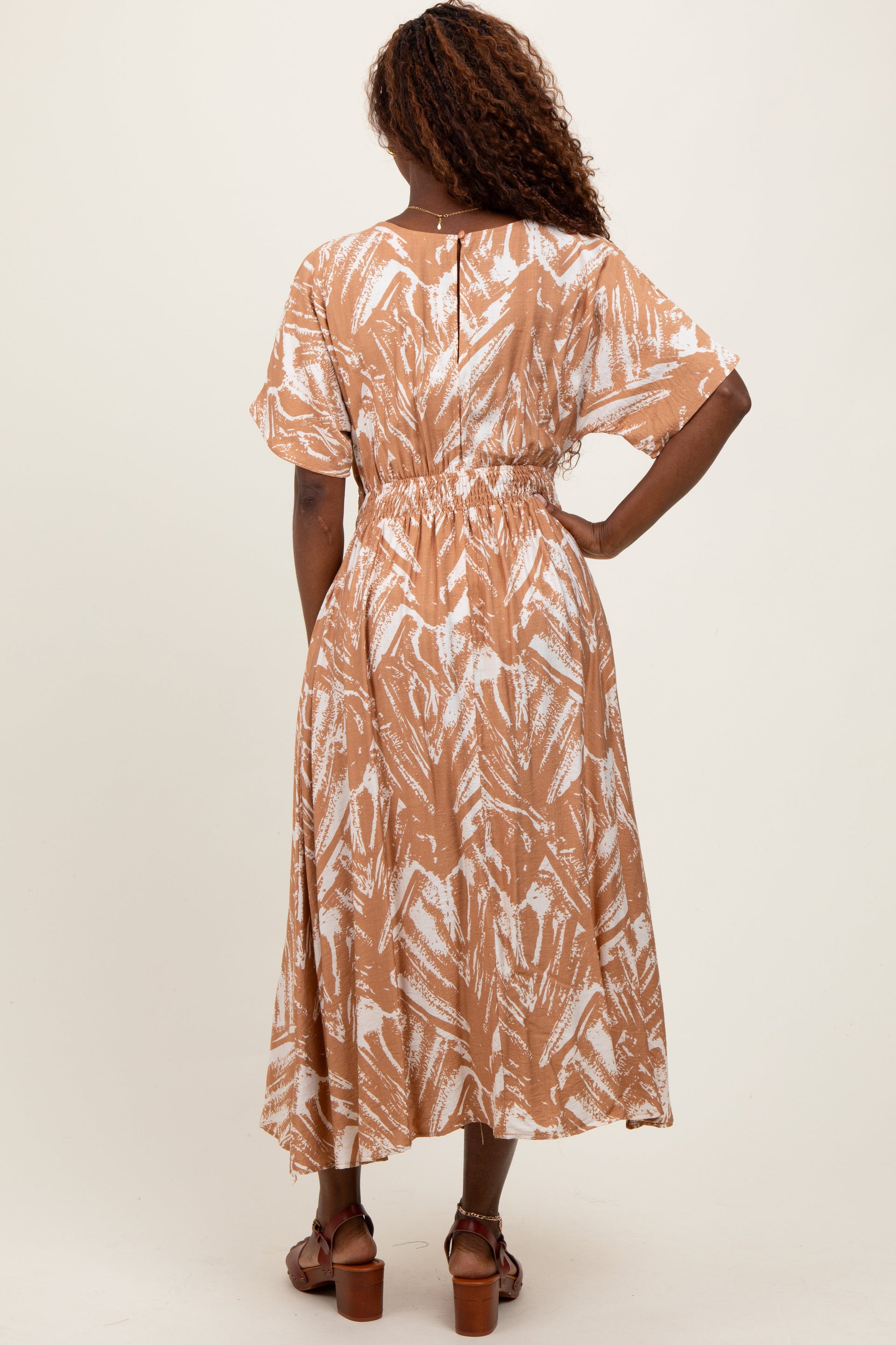 Camel Brushstroke Print Cutout Midi Dress