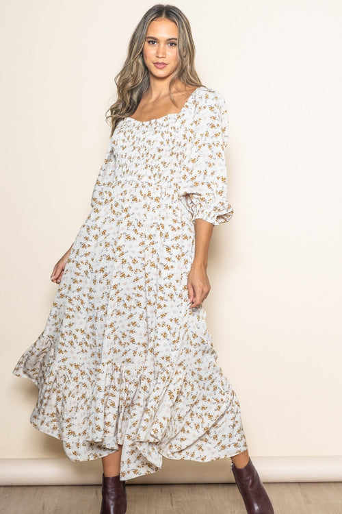 Pink Blush Ivory Floral Smocked Handkerchief Hem Maxi Dress