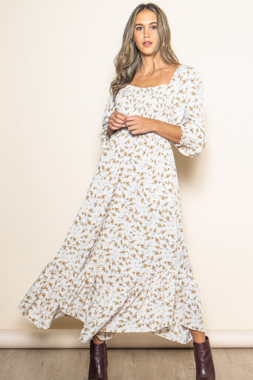 Pink Blush Ivory Floral Smocked Handkerchief Hem Maxi Dress