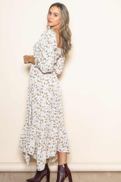Pink Blush Ivory Floral Smocked Handkerchief Hem Maxi Dress