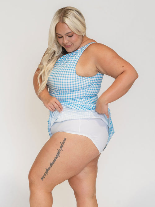 Sky Gingham Boat-Neck Swim Dress