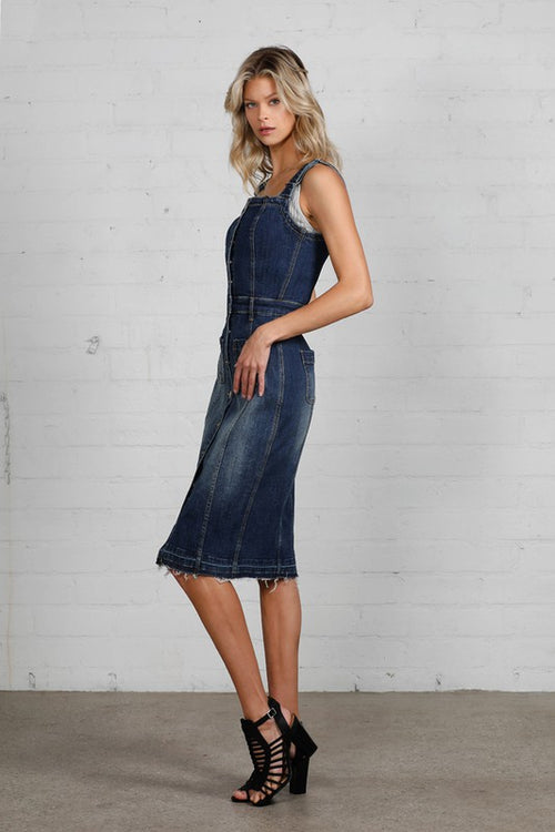 DENIM LAB USA Buttoned-front Denim Suspenders Dress