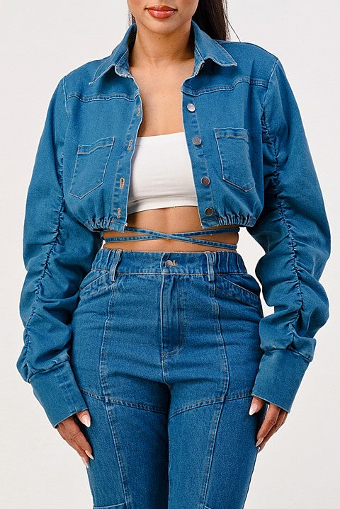 ATHINA Women's Ruched Sleeve Cropped Denim Jacket