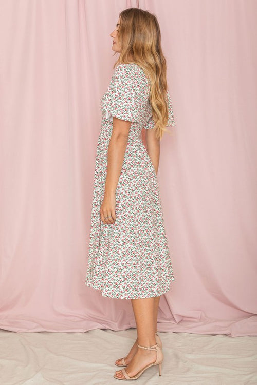 Kimono Sleeve Floral Tea Length Dress