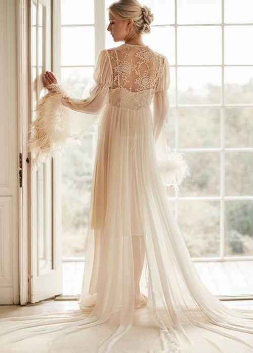 Ethereal Lace & Feather-Trimmed Sheer Bridal Robe – Vintage Luxury Loungewear