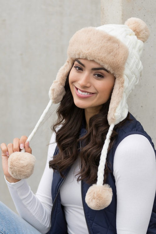 AILI'S CORNER Cable Weave Pom Trapper Hat