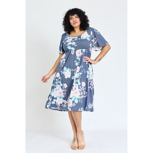 EG FASHION Plus Kimono Sleeve Floral Tea Length Dress