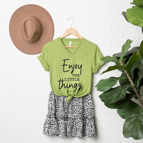 Olive & Ivory Women's "Enjoy the Little Things" Script Graphic V-Neck Tee