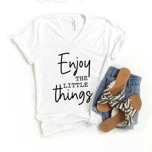 Olive & Ivory Women's "Enjoy the Little Things" Script Graphic V-Neck Tee