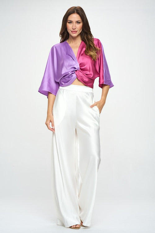 RENEE C. Neon Lavender/Magenta Satin Vibrant Short Sleeve Top with Front Twist