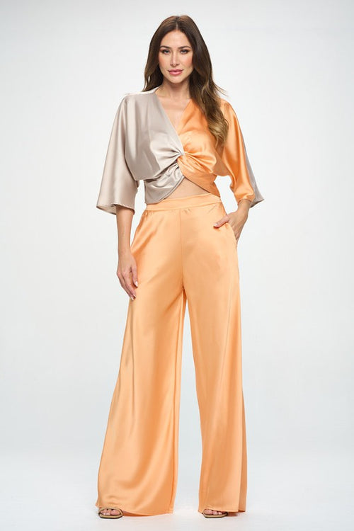 RENEE C. Beige/Melon Colorblock Satin Vibrant Short Sleeve Top with Front Twist