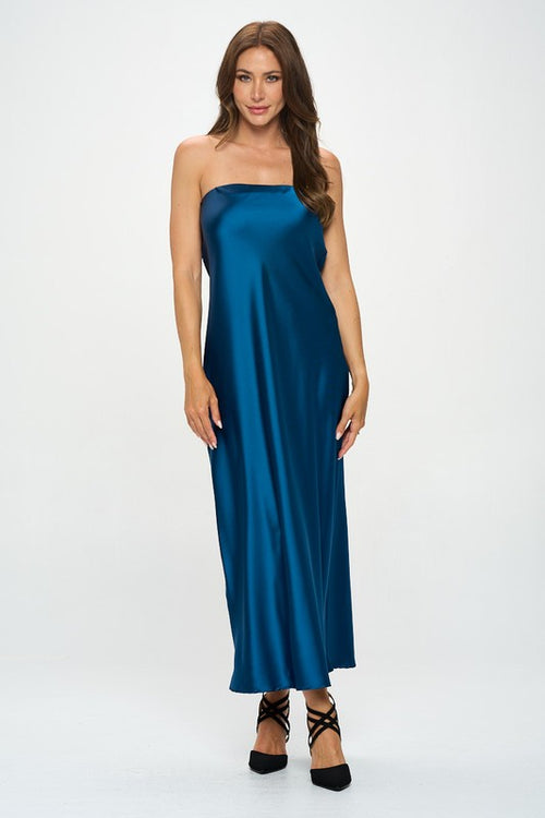 RENEE C. Teal Silky Satin Tube Draped Dress