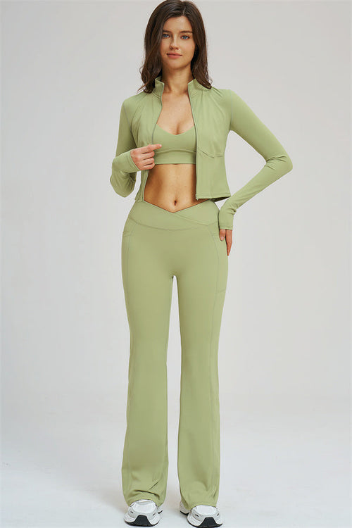 The Sizzle Zip Jacket Sports Bra Flared Leggings 3-Piece Set