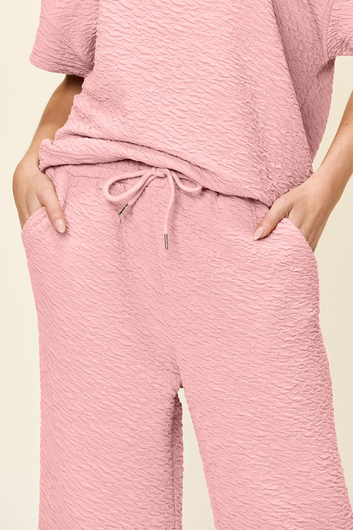 DOUBLE TAKE Full Size Texture Short Sleeve Top and Pants Set