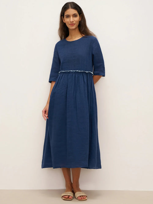 100% Linen Petal-Waist Drawstring Maxi Dress JASMINE