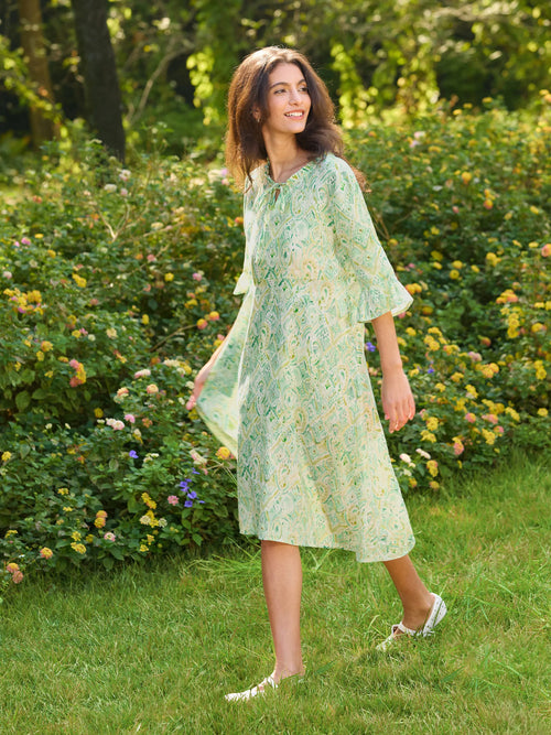 100% Linen A-Line Ruffled Collar Tie-Neck Mini Dress LIVIA
