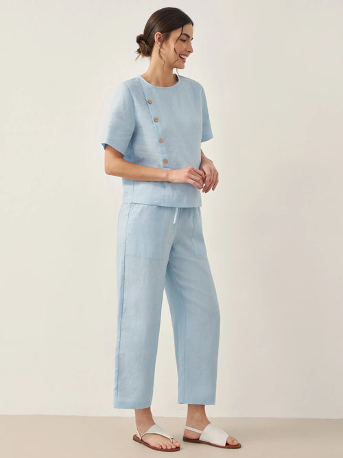 100% Linen Short-Sleeve Round Neck Button Detail Top & Pants Set JOSIE