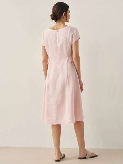 100% Linen Natural Summer V-Neck Dress ALEXA
