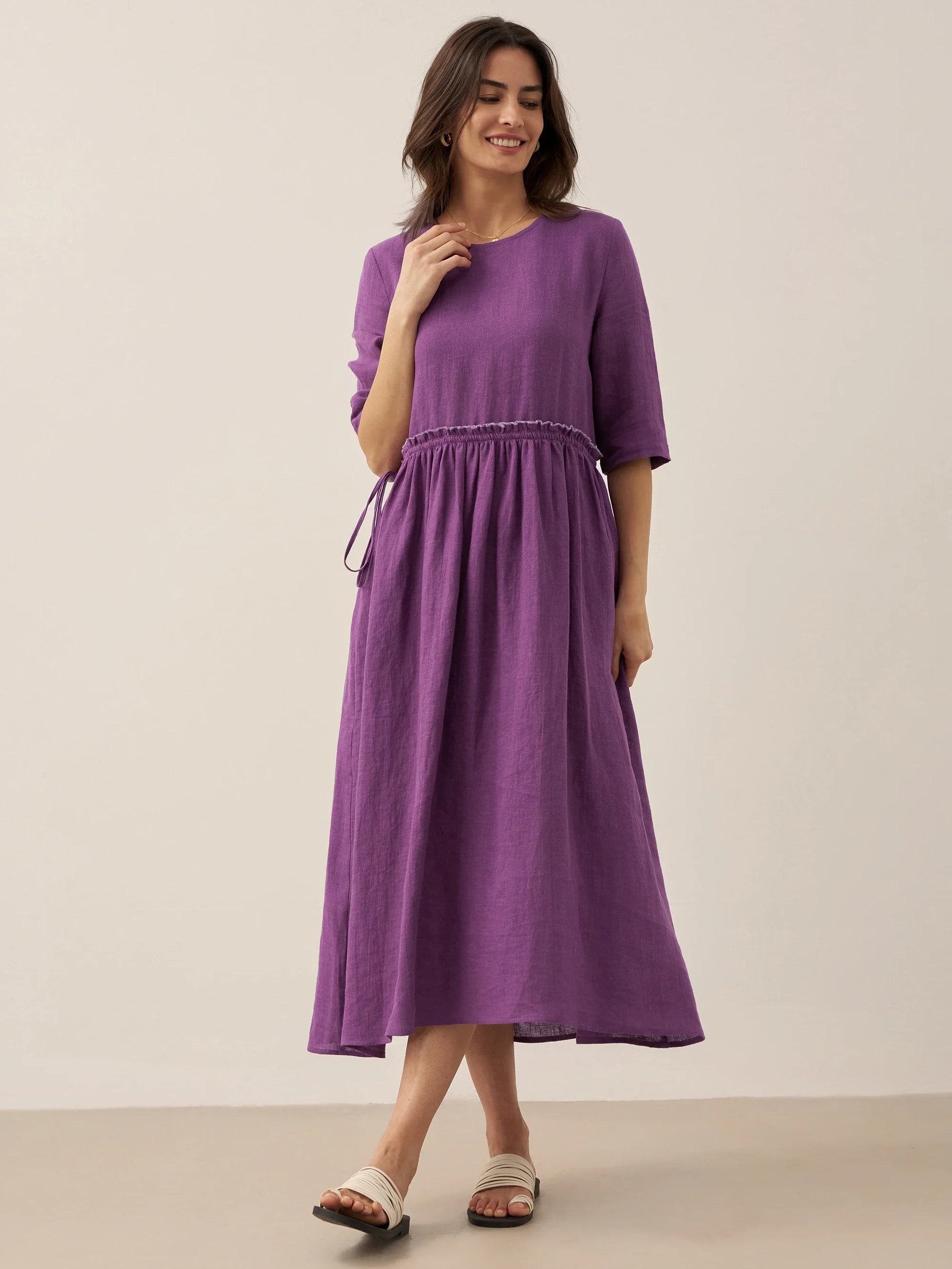 100% Linen Petal-Waist Drawstring Maxi Dress JASMINE