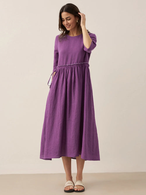 100% Linen Petal-Waist Drawstring Maxi Dress JASMINE