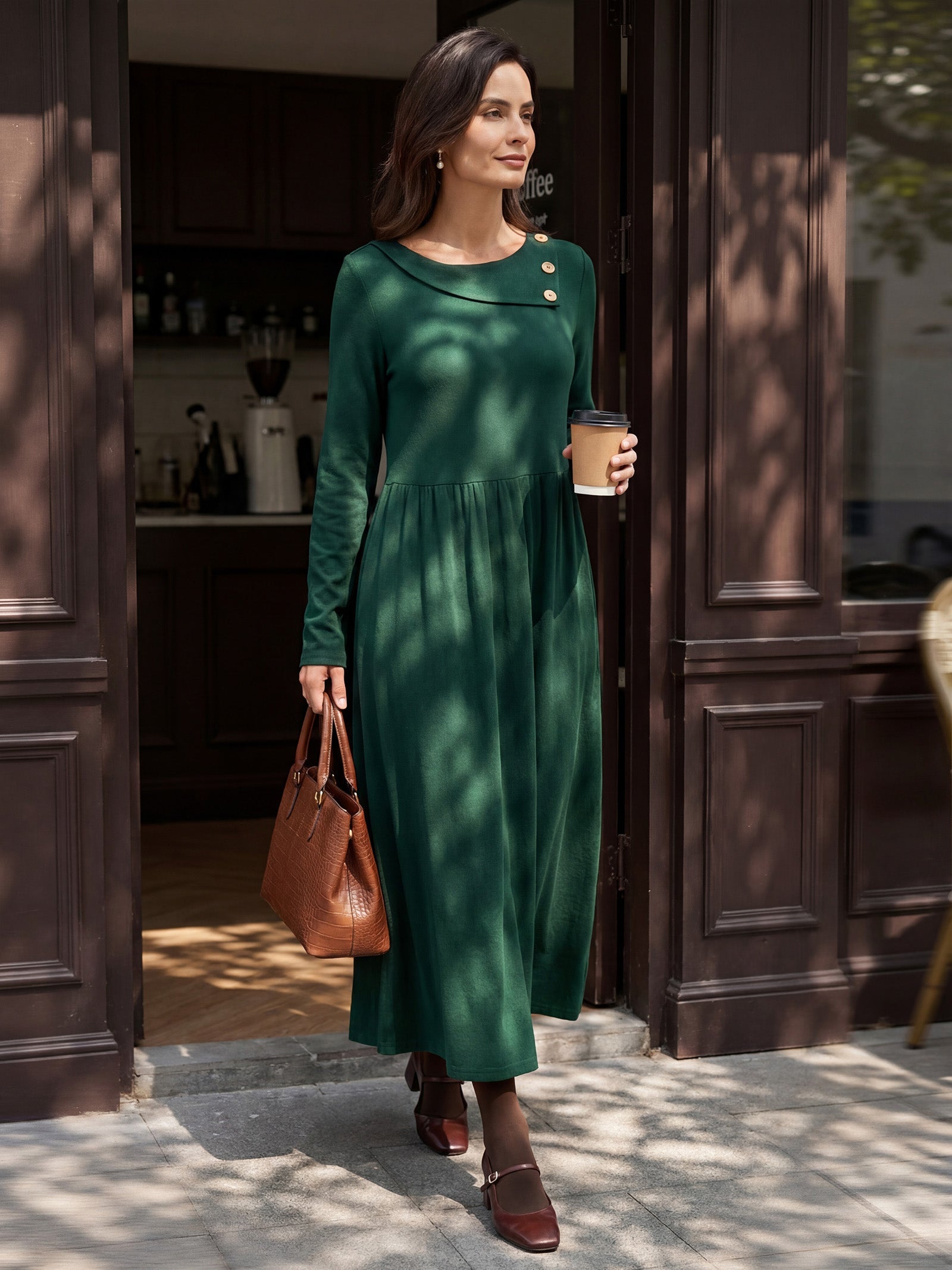Wool Layered Neck Pleated Midi Dress BILLIE