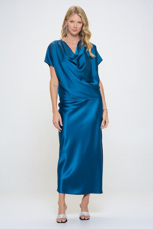 Renee C. Women's Teal Satin Cowl Neck Short Sleeve Top