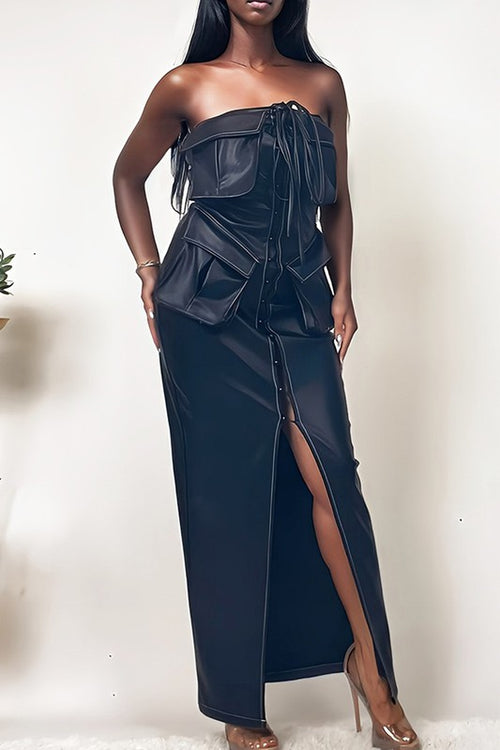 ATHINA Black Button Split Detailed PU Leather Dress – Unleashed Pearl  (Modish X Co.)