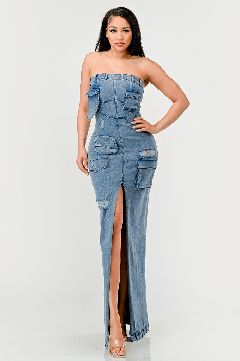 ATHINA Women's High Slit Strapless Urban Chic Denim Gown