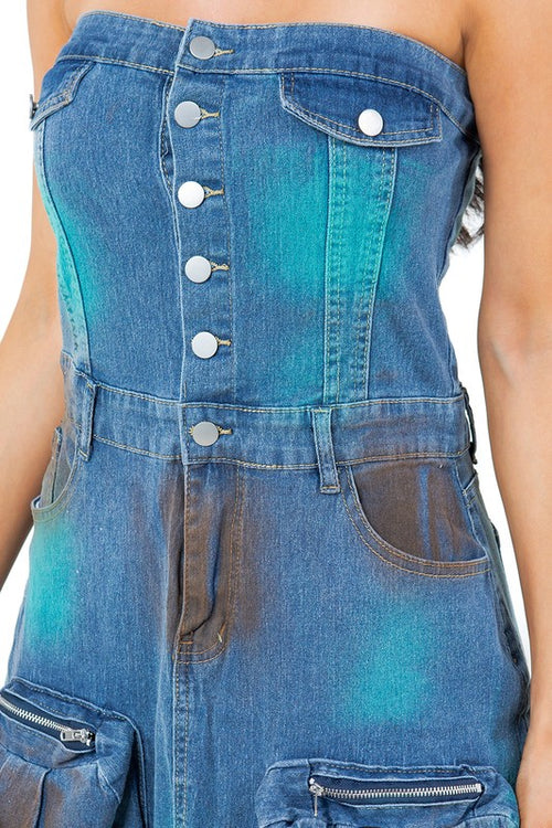 BY CLAUDE Strapless Maxi Cargo Denim Dress