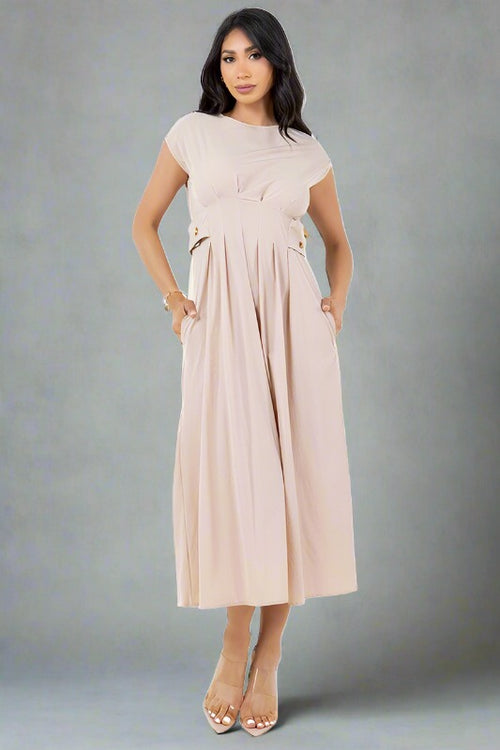 CLAUDE Short Sleeves Buttoned-side Midi Dress