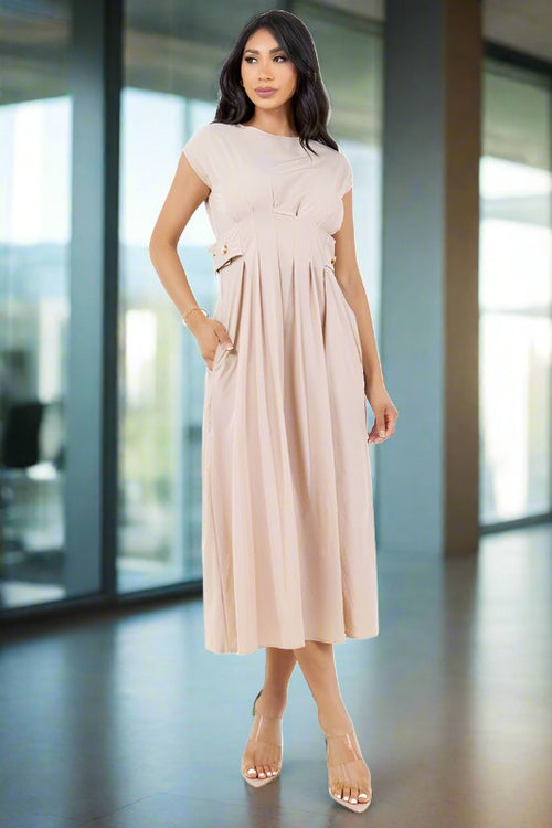 CLAUDE Short Sleeves Buttoned-side Midi Dress