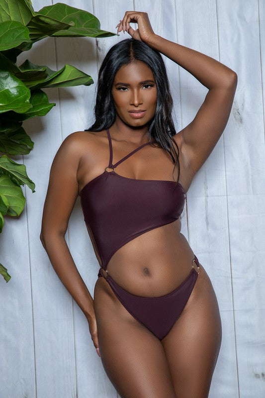 Wicked Women's Sexy Cutout One Shoulder One-Piece Swimsuit in Color Chocolate