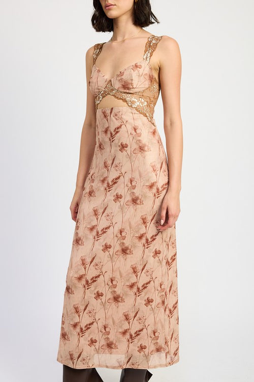 EMORY PARK Brown Floral Lace Contrast Maxi Dress