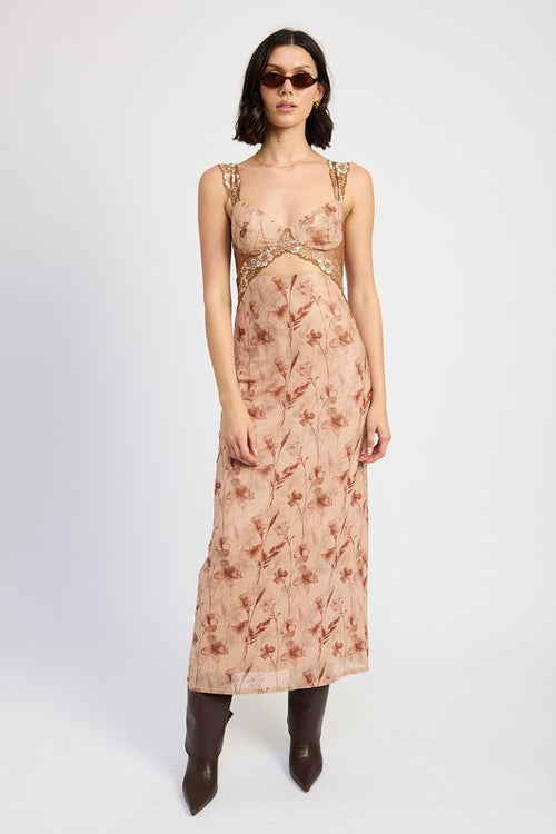 EMORY PARK Brown Floral Lace Contrast Maxi Dress