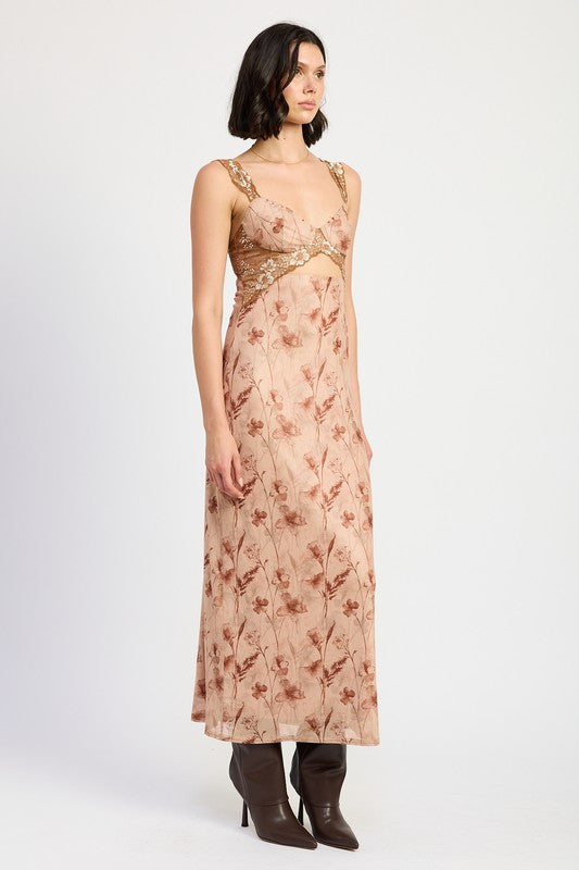 EMORY PARK Brown Floral Lace Contrast Maxi Dress