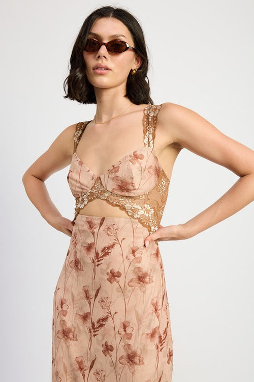 EMORY PARK Brown Floral Lace Contrast Maxi Dress
