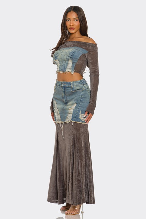 ATHINA Women's 2 Piece Ensemble Velvet-Denim Fusion Set