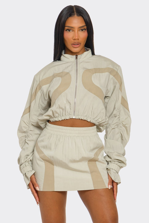 Two-Tone Nylon Windbreaker Skirt Set