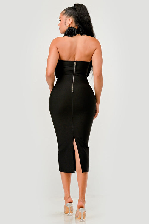 Rose Applique Halter Midi Dress