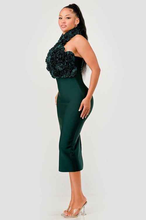 Rose Applique Halter Midi Dress