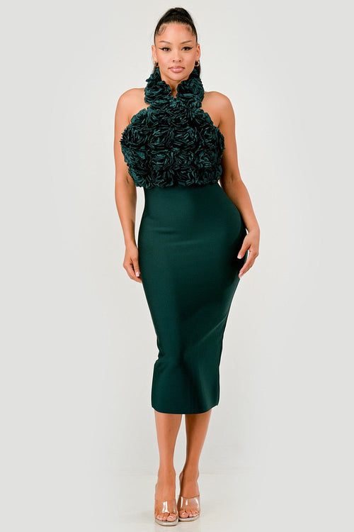 Rose Applique Halter Midi Dress