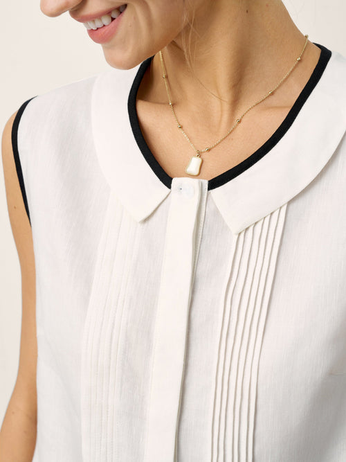 Linen-Lyocell Contrast Trim Pleated Sleeveless Top JUNIPER