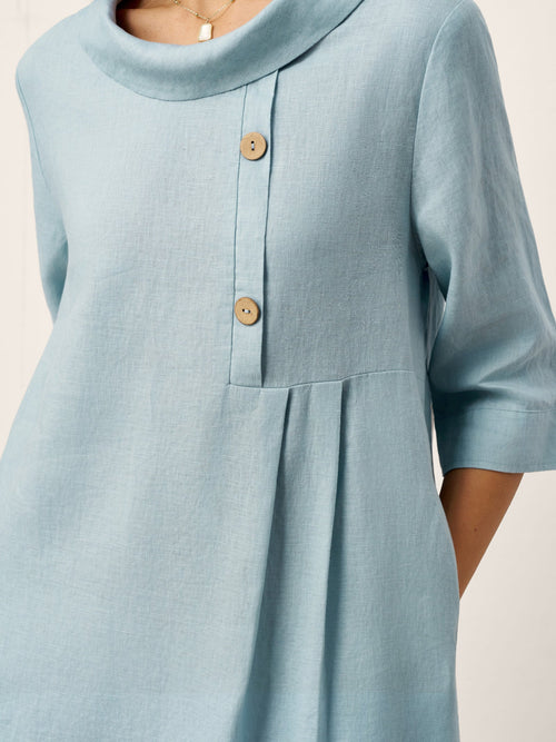 100% Linen Rolled Collar Asymmetric Button Midi Dress ELARAINE